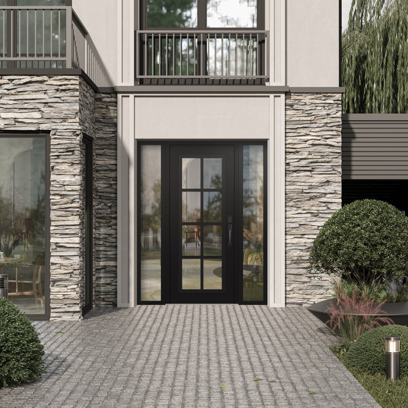 C16 à gauche 64 po X 80 po Panneau d'entrée en acier noir et verre transparent noir avec 2 portes d'entrée en verre pré-montées