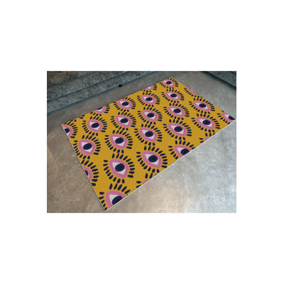 Yellow Themed Eye Pattern Modern Decorative Washable Rug