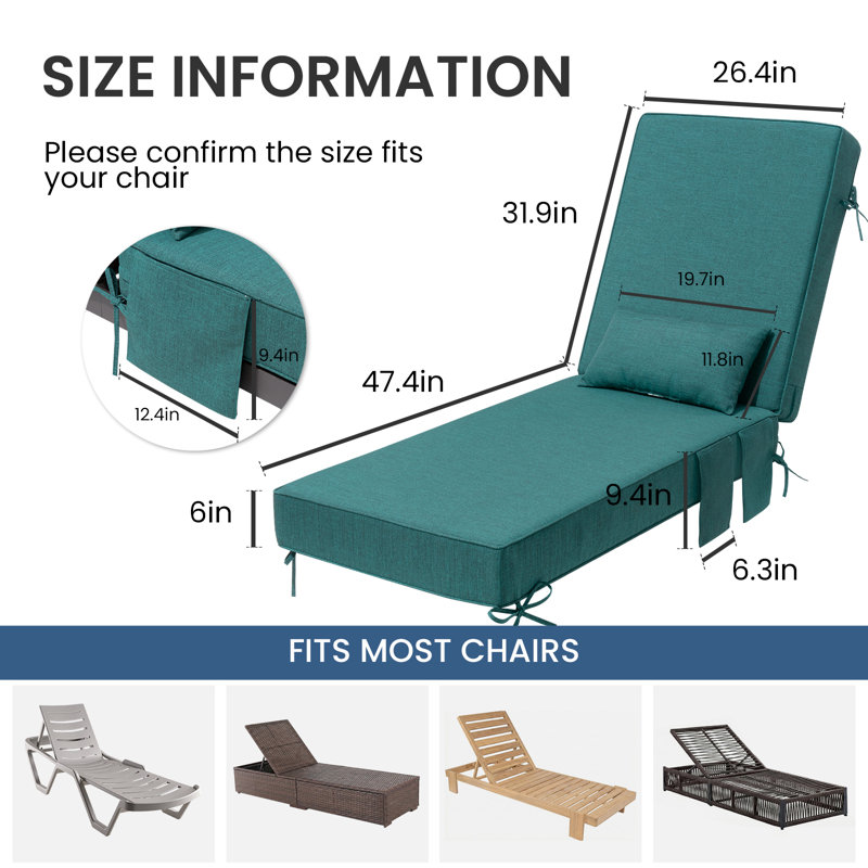 26.5'' W x 80'' D x 6'' H Outdoor Chaise Lounge Seat / Back Cushion with Pillow and Pocket, 2, Malachite Green