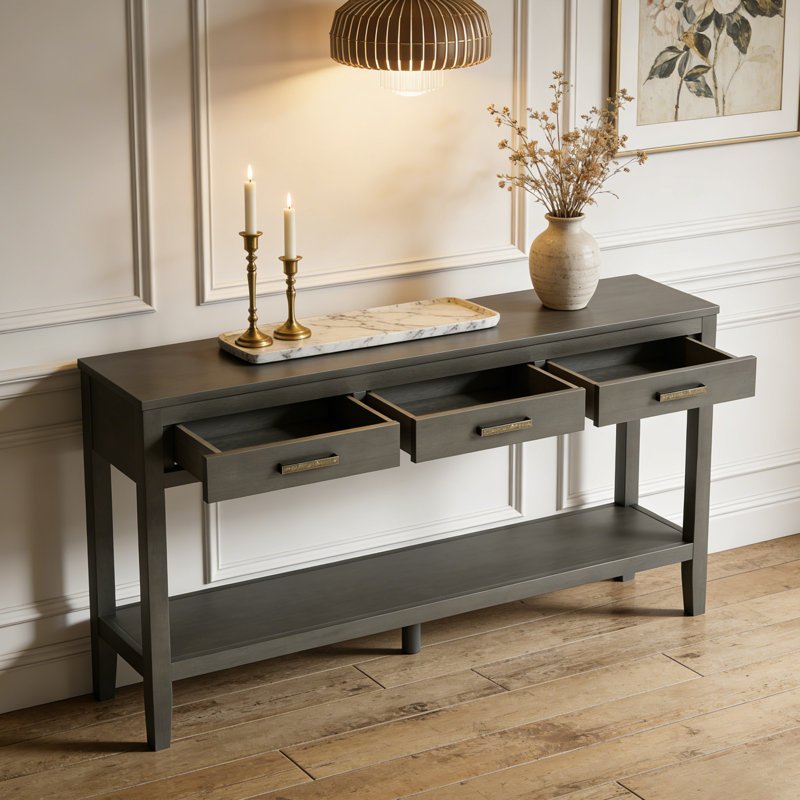 Farmhouse Entryway Table With 3 Drawers, Bottom Shelf & Iron Handles, Gray