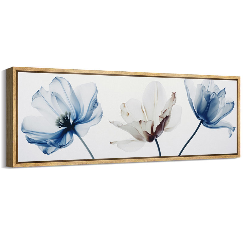 Impression encadrée de très grandes fleurs bleues et blanches, H 30 po x l 60 po, Naturel