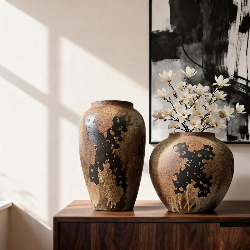 Handmade Ceramic Table Vase, Retro Style Decorative Vase, Wide-Mouth Textured Ceramic Vase, Decorative Accent for Modern Rustic/Farmhouse/Mediterranean Interiors Decor (set of 2)