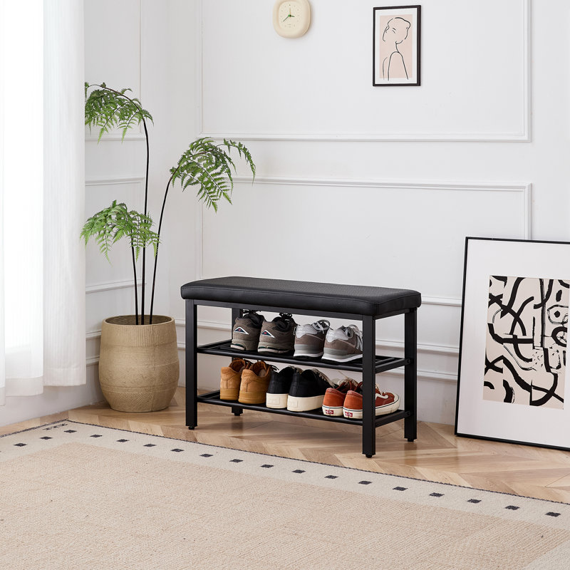 Banc d'entrée pour chaussures avec surface en lin, 3 rangements, éponge à rebond élevé, convient aux salles de bain, banc à assemblage rapide, coussin de siège d'unité centrale, chambres à coucher,