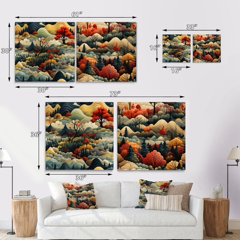 «Earth Tones Dreamy Forest Landscape», ensemble de 2 peintures murales abstraites en acrylique, H 16 po x l 33 po