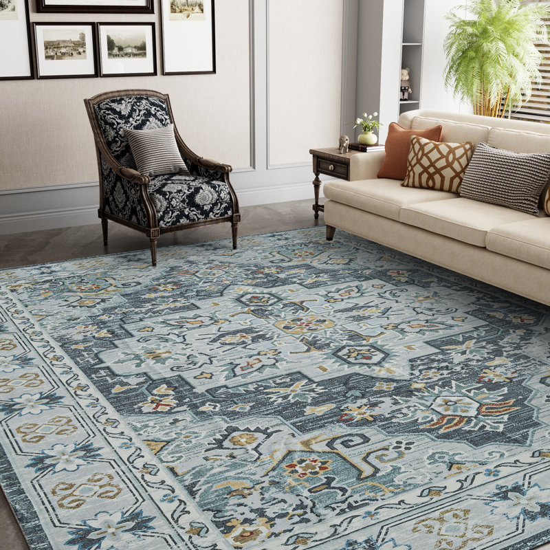Oriental Non-Slip Machine Washable Area Rug in Grey/Yellow/Cream for Living Room, Bedroom, Hallway Runner Indoor Rugs