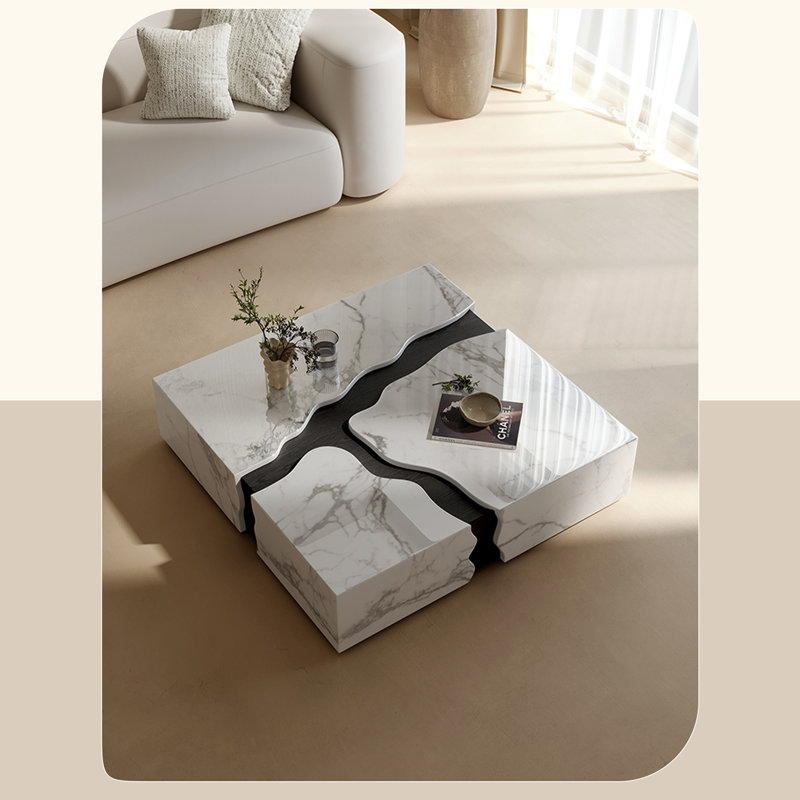 Exquisite Contemporary Stream Form Marble Coffee Table With Flowing Water Form Finish And Wood Veneer Base, Square Venato Carrara White