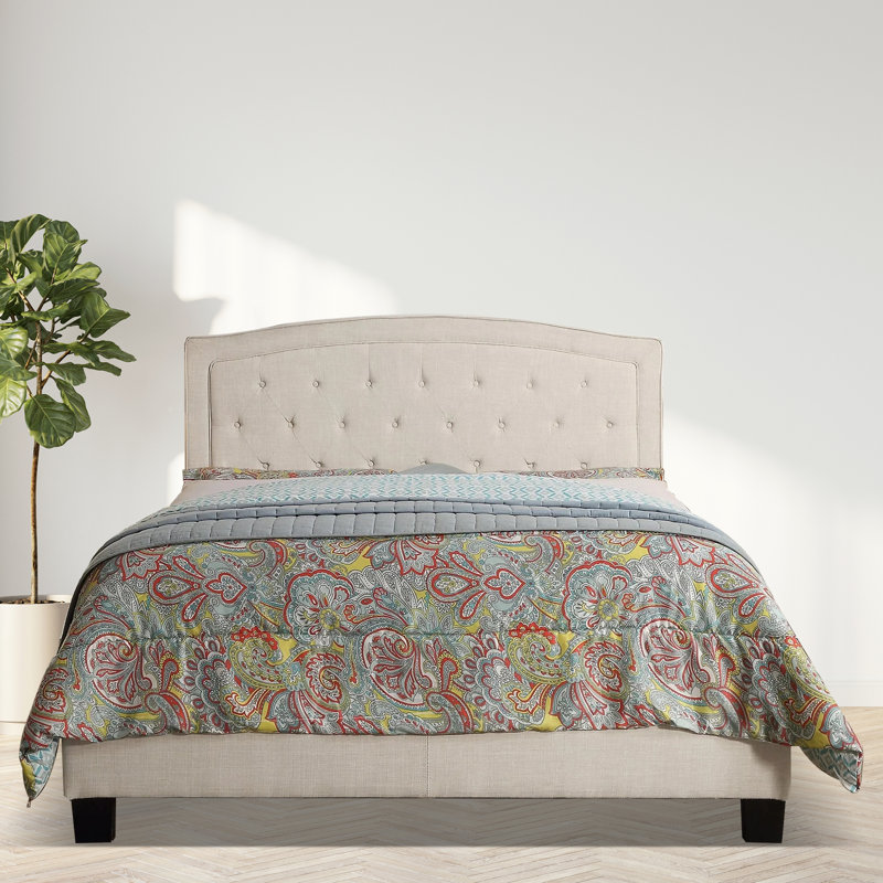 Lit tapissier rembourré avec tête de lit à hauteur ajustable, Beige, Très grand lit