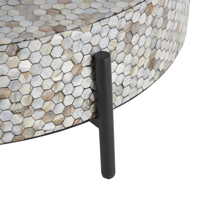 Gray Mother of Pearl Shell Geometric Handmade Mosaic Inlay Living Room Coffee Table with Black Metal Legs, 38" x 38" x 13"