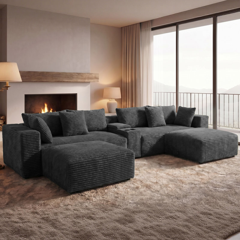 Canapé modulaire surdimensionné en velours côtelé avec console USB et porte-gobelets, Dark Grey Chenille