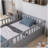 Twin Size Floor bed, integral construction with super high security barrier, door, children's floor bed frame, Montessori wooden children's floor bed, Grey-68676009-68676008