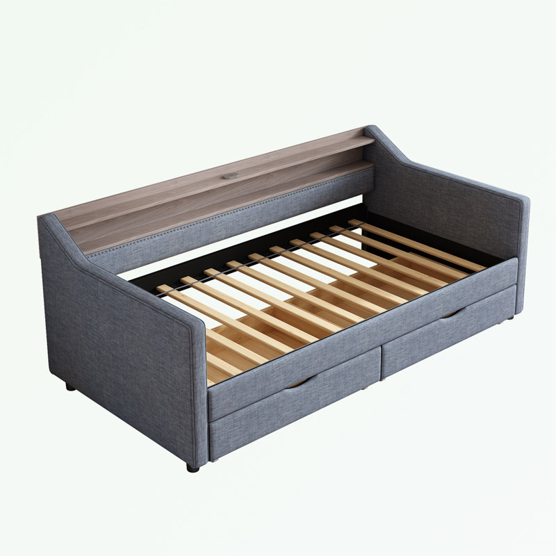 Lit de jour simple avec 2 tiroirs de rangement et tablette à 2 niveaux, Gris clair