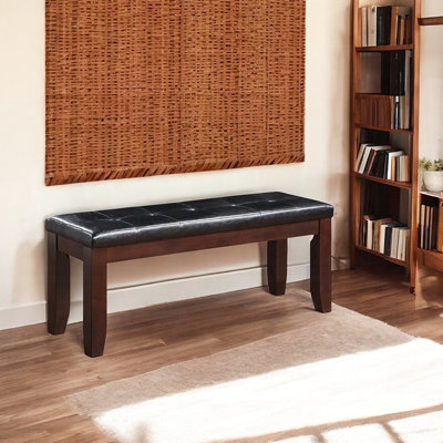 Banc de salle à manger à finition cerise de 48 pouces de large avec coussin de siège rembourré en cuir de polyuréthane noir pour pièce 20 pouces de haut, large, finition, banc, siège rembourré