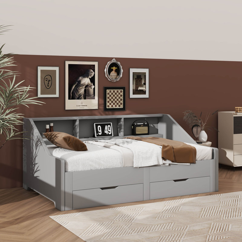 Convertible Daybed Frame King Size With Stylish Storage Bookcases, Grey