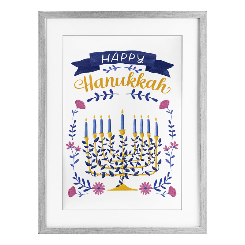 Floral Menorah Happy Hanukkah, reproduction encadrée sous verre, conception de JJ Design House LLC, H 23 po x l 17 po