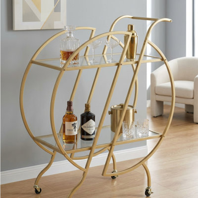 Gold Bar Cart With 2 Mirrored Shelves And Lockable Wheels, Rolling Drink Cart For Kitchen Party