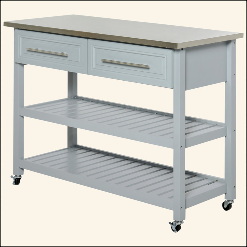 Îlot de cuisine avec plateau en acier inoxydable, îlot de cuisine traditionnel avec rangement, tablettes ouvertes à 2 niveaux, tiroirs