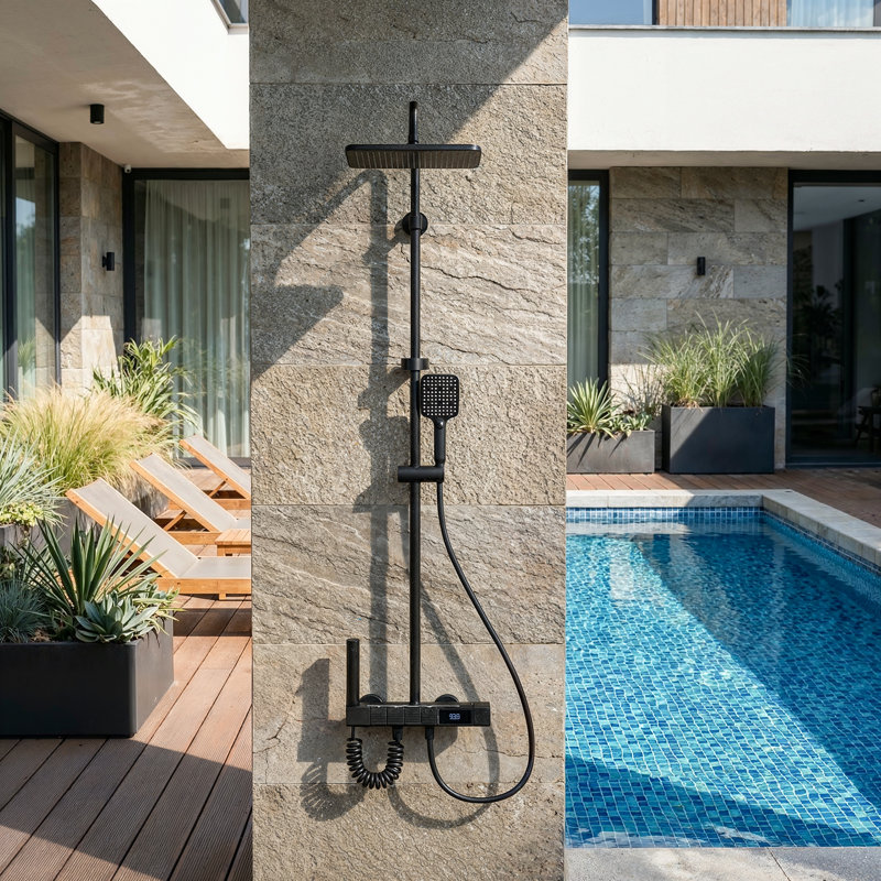Ensemble de douche d'extérieur à affichage numérique 4 modes à DEL avec contrôle à 4 boutons en aluminium noir
