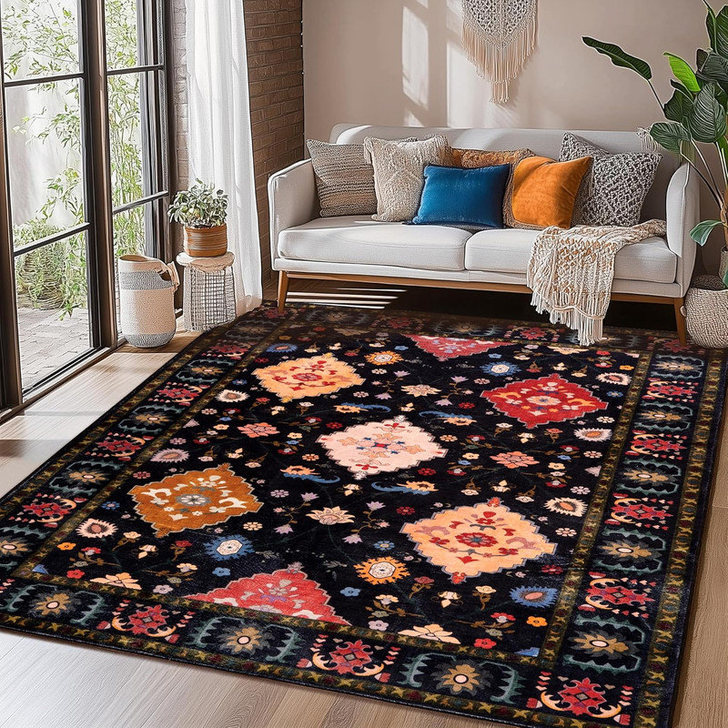 Indoor&Outdoor Washable Area Rug Black Gorgeous flowers Vintage Low Pile Rug for Living Room Bedroom Wedding Banquet