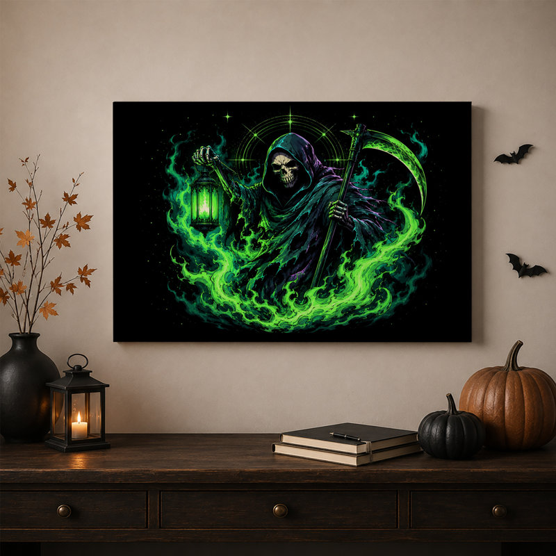 «Grim Reaper tenant une lanterne verte», H 24 po x l 36 po