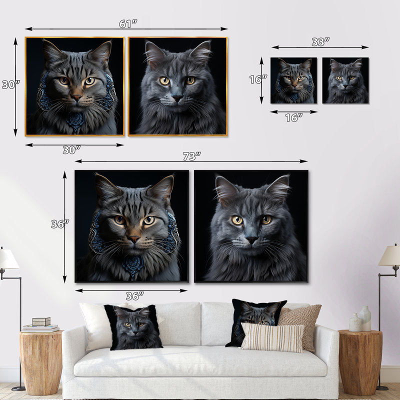 Portrait de chat Chartreux - ensemble de 2 animaux carrés, Cadre flottant noir, H 16 po x l 33 po