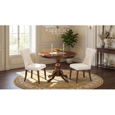 3 Piece Dining Room Furniture Set Contains a Round Dining Table with Pedestal and 2 Light Beige Linen Fabric Upholstered Chairs, Mahogany