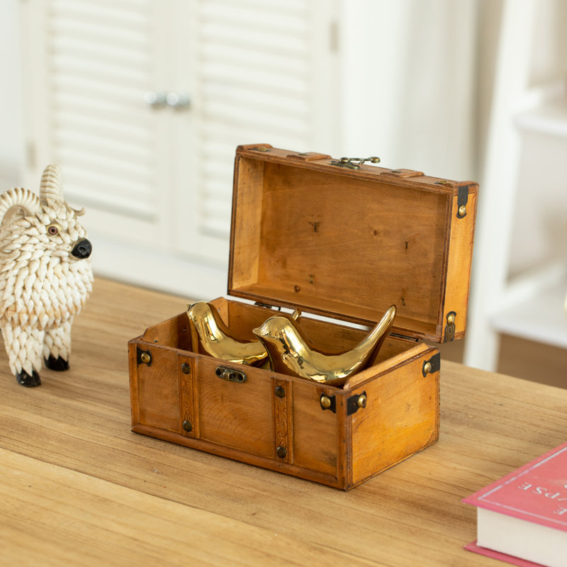  Coffre à trésor en bois de style antique Farmhouse avec sangles en cuir et coffre de rangement décoratif à loquet avant pour bijoux ou lettres, décor rustique pour la maison ou le bureau, petit