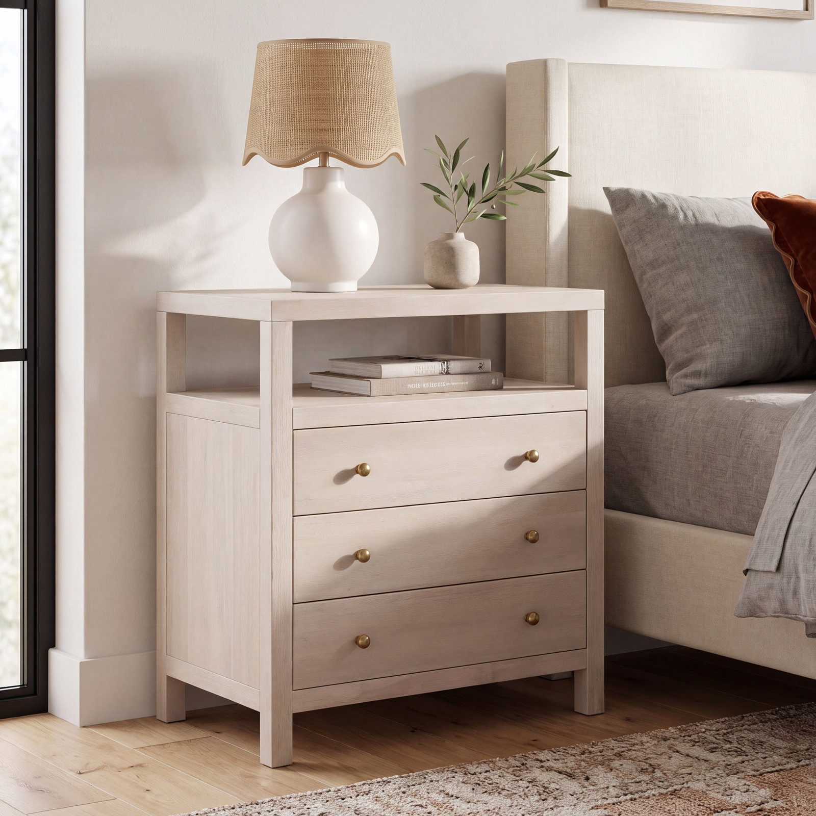 Celine 3-Drawer Acacia Nightstand, Antique Taupe