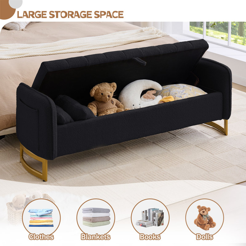 Lunara 66"W Upholstered Teddy Modern Bedroom Storage Bench End of Bed with Gold Legs,Arm Pocket and 2 Pillows, Black Teddy