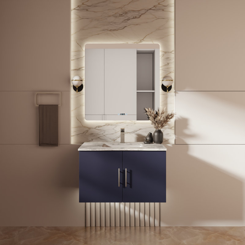 Ensemble de meuble-lavabo mural simple 30 po Geneva, Marine, Marbre de Carrare blanc