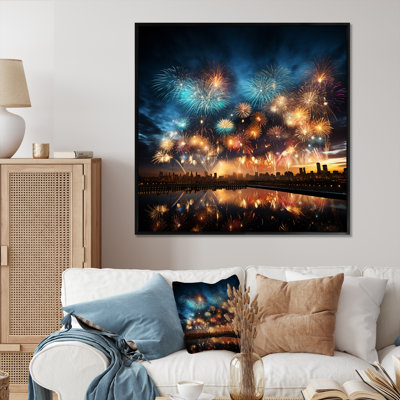 Blue And Yellow Fireworks Magic In City - Fireworks Wall Art