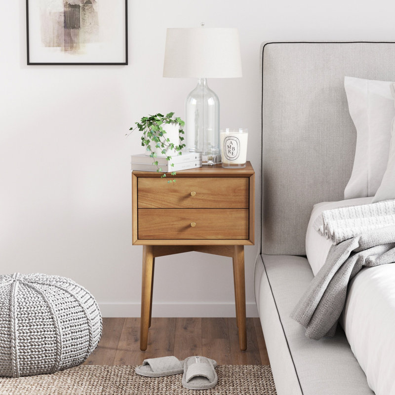 Table de chevet 2 tiroirs en bois avec rangement, Brun