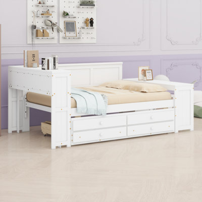 All-In-One Storage Daybed With Trundle, Charging Station, LED Lighting, Integrated Desk And Cabinet