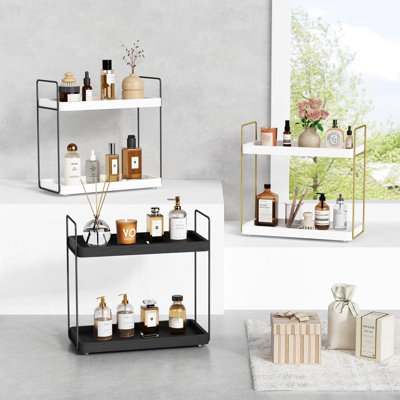 White Bathroom Countertop Storage Rack, Kitchen Countertop Coffee Bar Counter Storage Rack, Makeup And Dressing Table Storage Rack And Storage Rack, Perfume And Skin Care Product Layered Sink Tray (White And Gray)