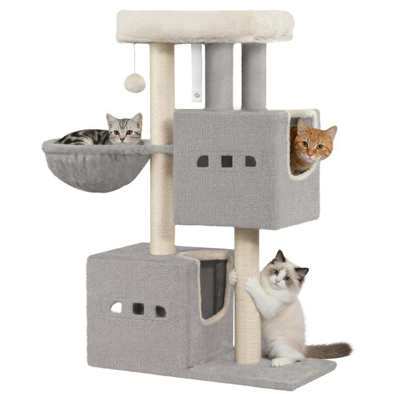 Cat Tree, 98 cm Tower, Sisal Scratching Post, Cats Tower for Indoor, Multi-Level Stable Cat Tree with Cats House, 2 Caves, Pompoms,  Dark Grey, Light Grey