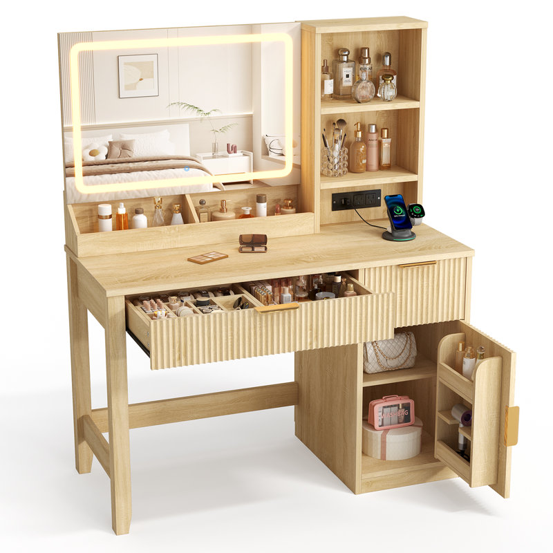Meuble-lavabo cannelé avec miroir lumineux à DEL, 2 tiroirs, armoire, tablettes et station de charge pour la chambre à coucher