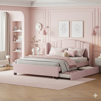 Upholstered Platform Bed With A Wingback Headboard, Includes One Twin Trundle And Two Drawers, No Box Spring Needed, Covered In Linen Fabric, Queen Size, In Pink.