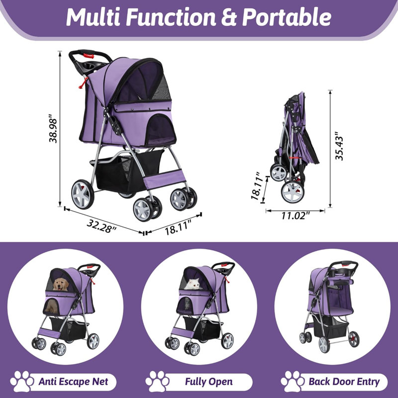 Poussette pour animaux de compagnie avec 4 roues pour chat pour chien de taille moyenne, poussette pliante pour chat avec panier de rangement et filet respirant, transporteur facile à transporter
