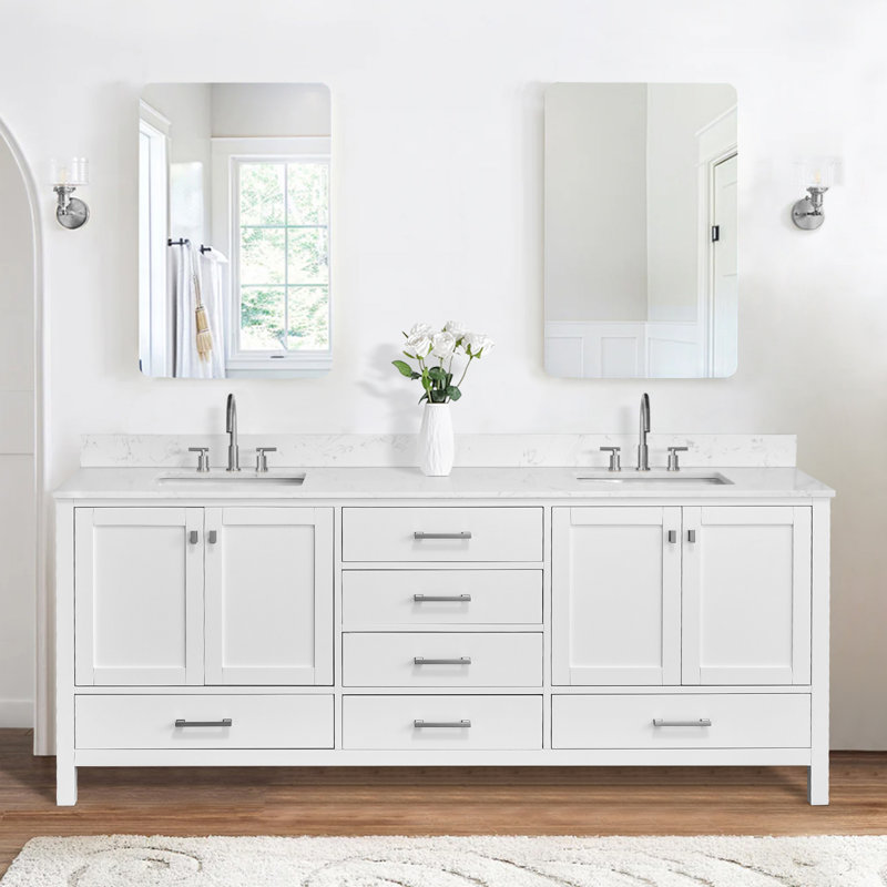 Meuble-lavabo 84 po avec double vasque Cholena, Blanc, Nickel brossé