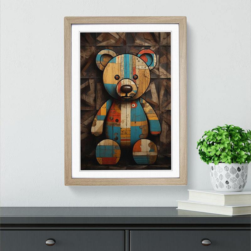 XYZ-FRM-V1223-1616 Teddy Bear Art Deco - Single Picture Frame Print on Wood, Oak , 34cm H x 25cm W x 2cm D