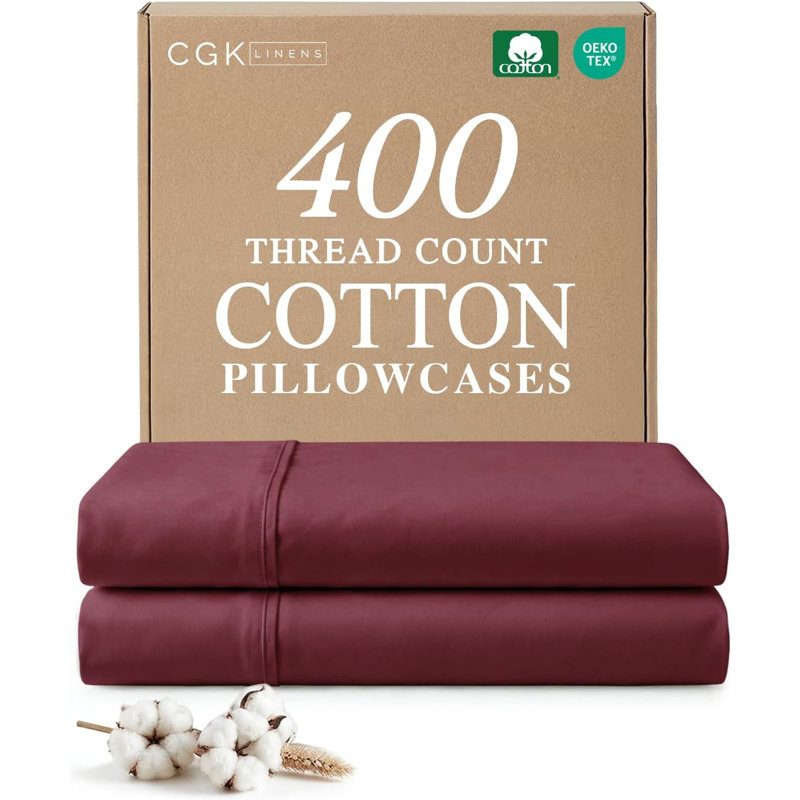 100% Cotton Pillowcase Set, 400 Thread Count Hotel Luxury Pillowcases, Soft & Breathable, Set of 2, Burgundy, Queen