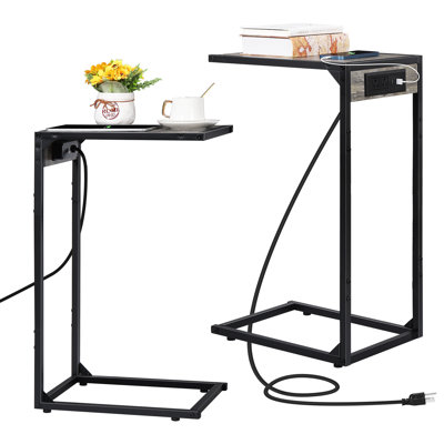 2-Pack 26.7" C-Shaped End Table With Charging Station, Tall 700Mm Height Side Desk With Power Outlet, Gray