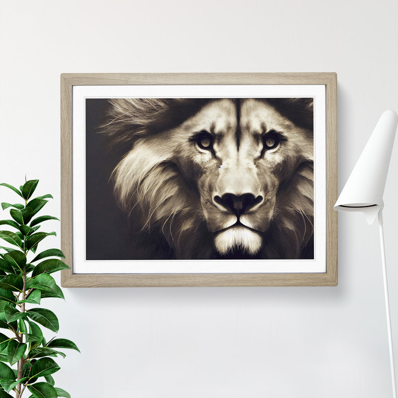 Tantalising Lion - Single Picture Frame Print, 46cm H x 64cm W, Oak