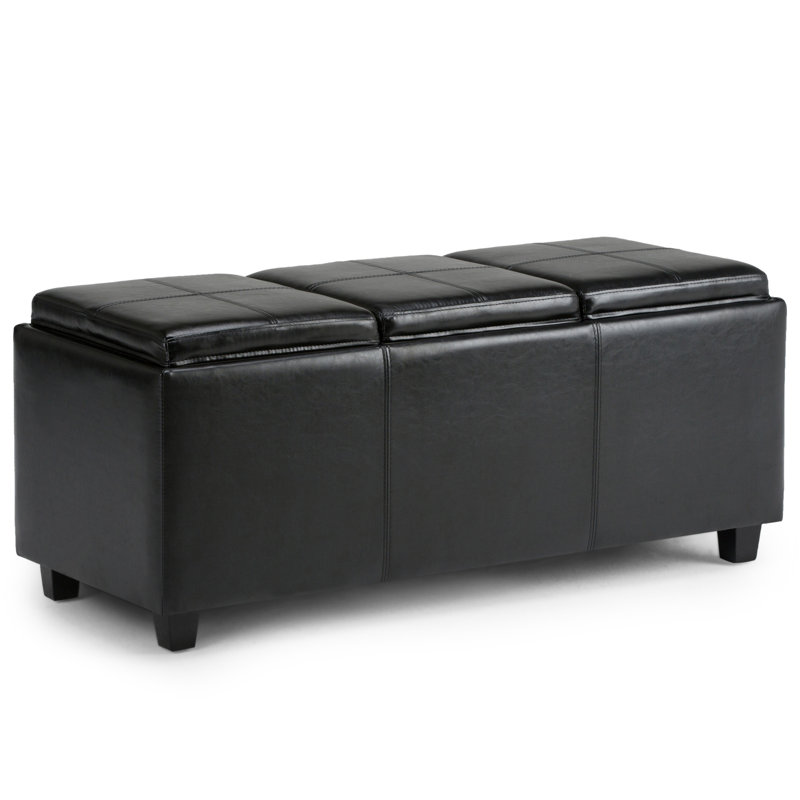 Avalon 42"W Upholstered Storage Ottoman with 3 Flip-Over Serving Trays, Midnight Black Faux Leather