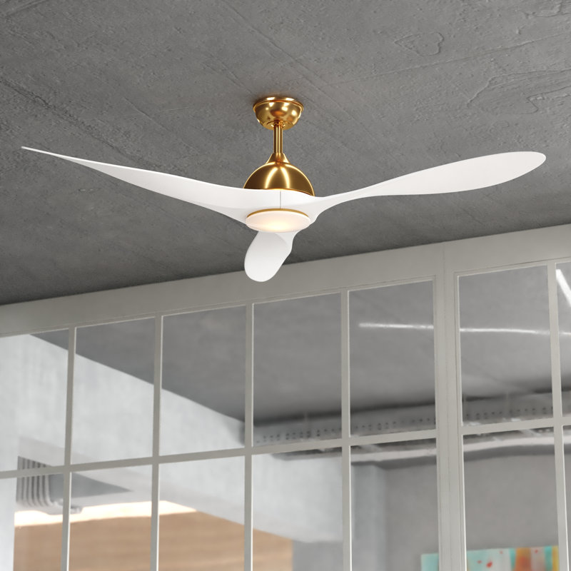  Long Grove 56 in. Satin Brass Indoor Rod Mount Contemporary Ceiling Fan with White Blades, Dimmable Integrated LED Light Kit and Remote Control Included, 6 Speed Energy Efficient DC Motor