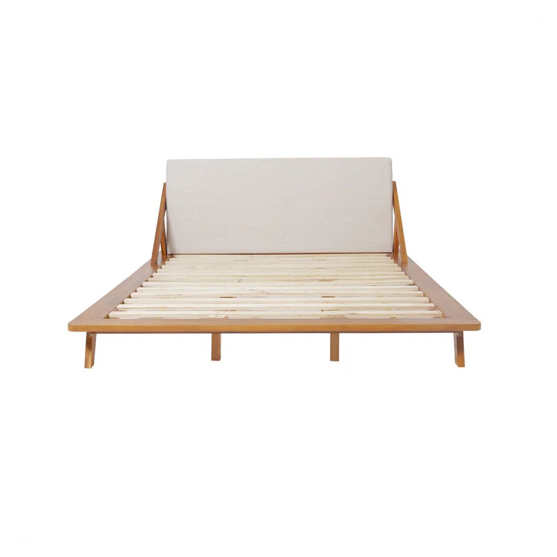 Grand lit plateforme tapissier moderne avec structure en bois, beige