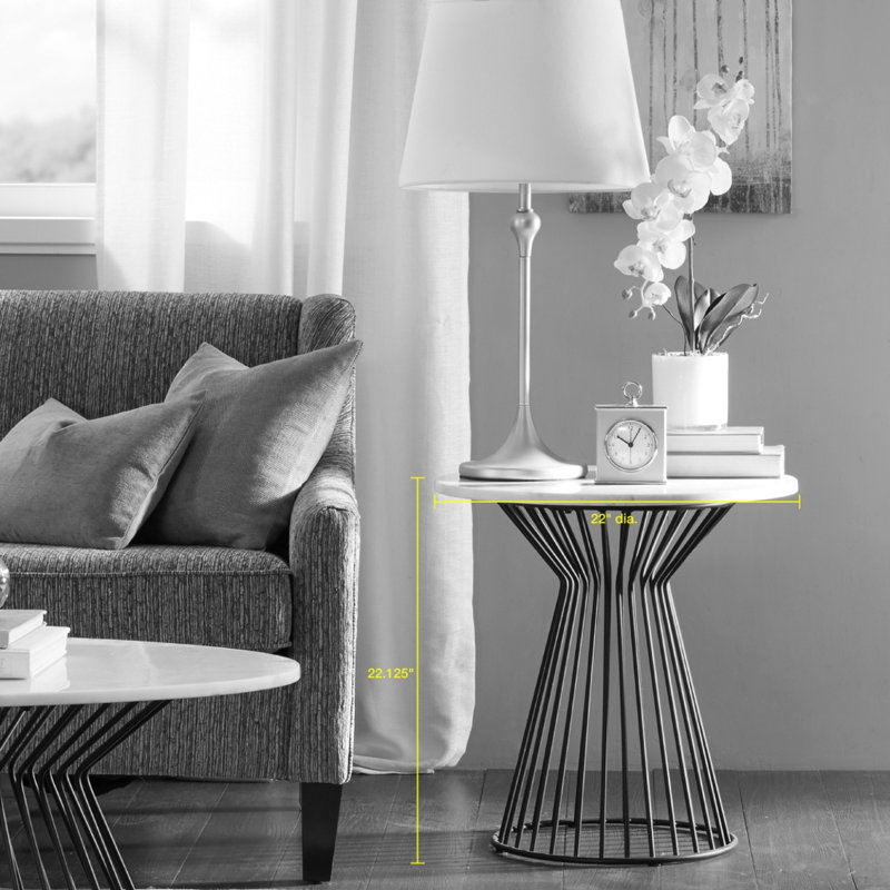 Elegant White Marble Top Round Accent Table with Black Metal Frame