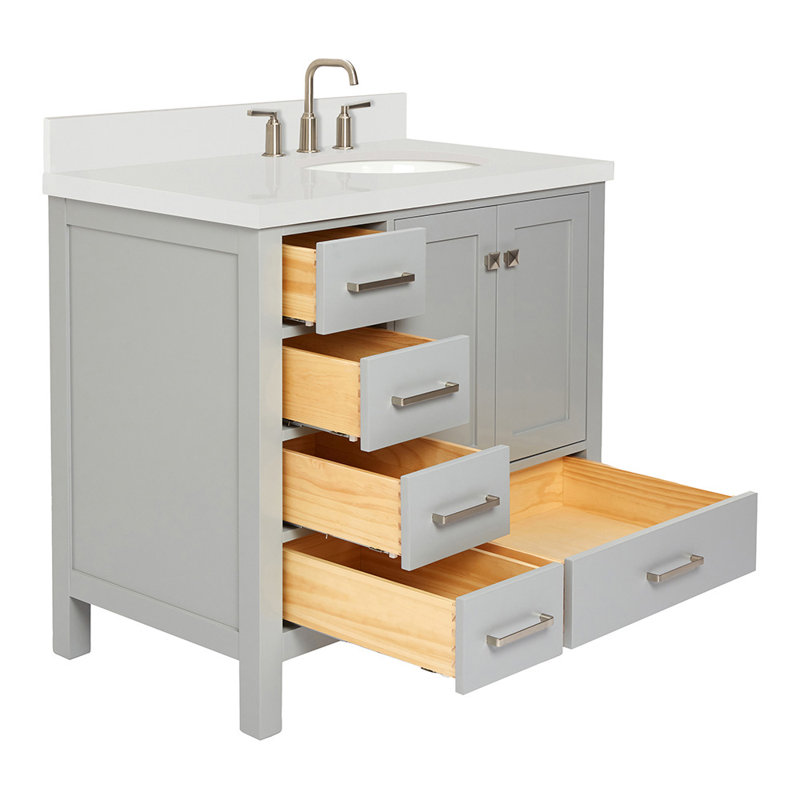 Cambridge 37'' W Single Vanity, Gray, Pure White Quartz, Oval