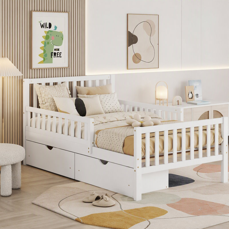 Lit plateforme simple en bois avec garde-corps des deux côtés et deux tiroirs de rangement, Lit simple, Blanc