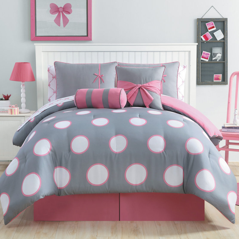 Sophie Polka Dot Bed-in-a-Bag Comforter Set, Full, Pink/Gray