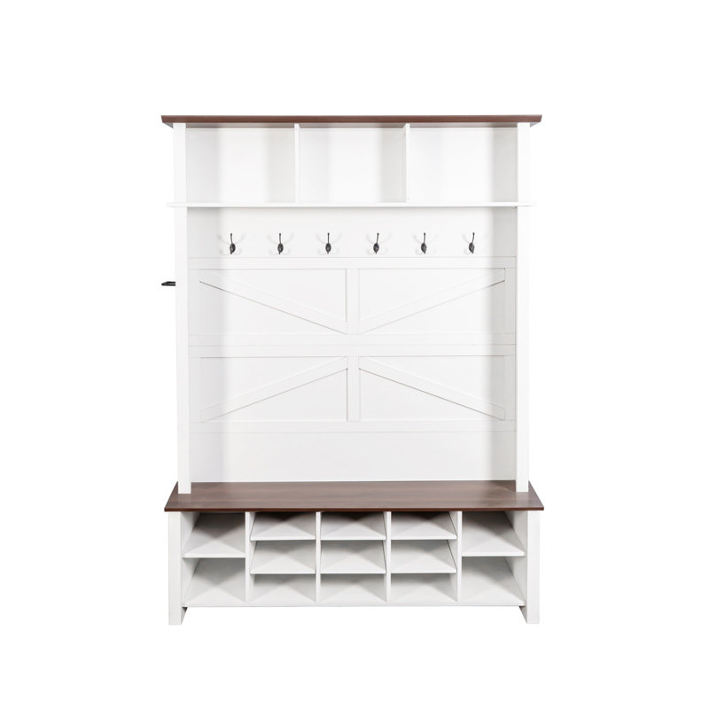Farmhouse 4-In-1 Hall Tree With 6 Hooks, Walnut Entryway Bench With Shelves,  Wooden Style Rustic Shoe Organizer With 16 Open Compartments For Mudroom, Living Room, White
